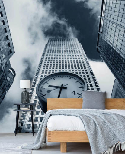 black and white toned clock and buildings wallpaper