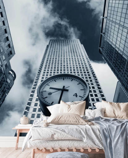 black and white toned clock and buildings wallpaper