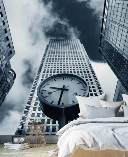 black and white toned clock and buildings wallpaper