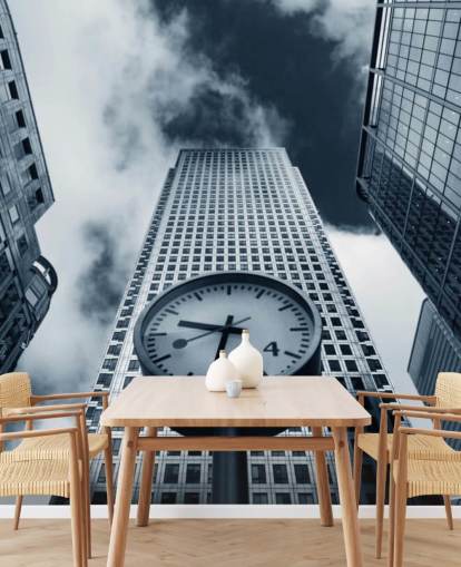 black and white toned clock and buildings wallpaper