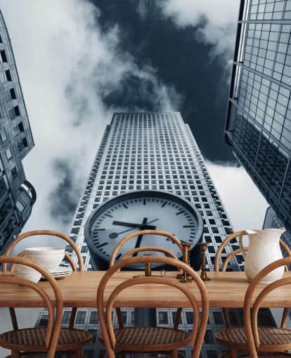 black and white toned clock and buildings wallpaper