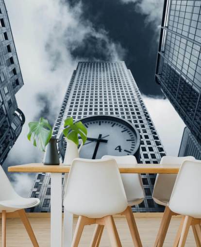 black and white toned clock and buildings wallpaper