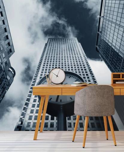 black and white toned clock and buildings wallpaper