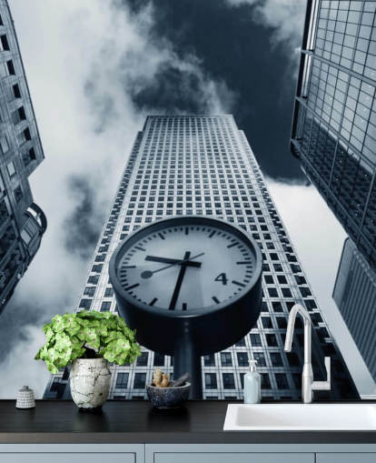 black and white toned clock and buildings wallpaper