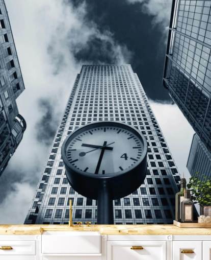 black and white toned clock and buildings wallpaper