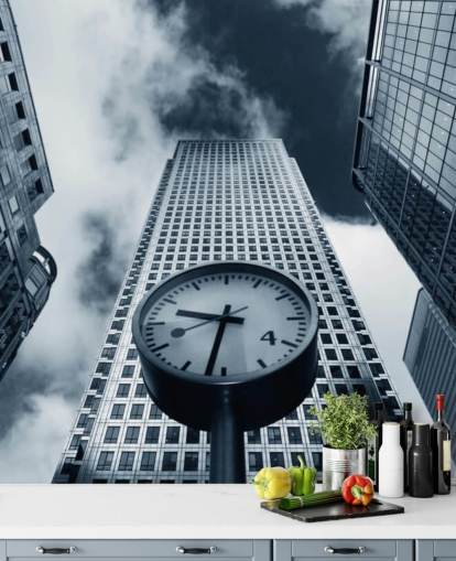papel pintado de edificios y relojes en blanco y negro