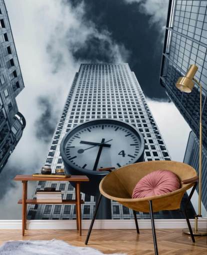 black and white toned clock and buildings wallpaper