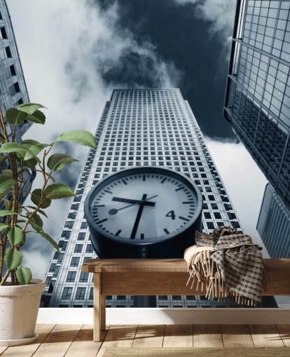 black and white toned clock and buildings wallpaper