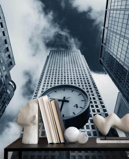 black and white toned clock and buildings wallpaper
