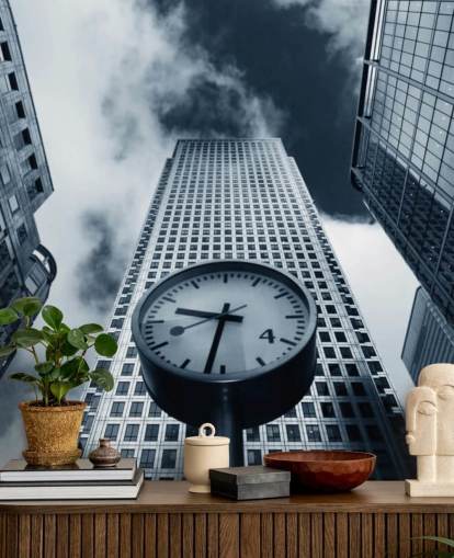 papel pintado de edificios y relojes en blanco y negro