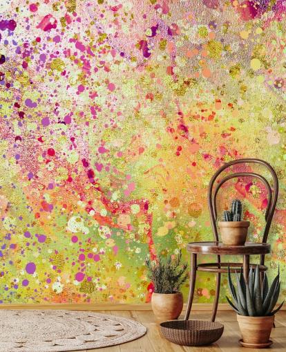 Wandbild „Burst of Joy“ von Lara Skinner mit abstrakter Spritzfarbe in Rosa, Lila und Gold für Schlafzimmer Wandbild „Burst of Joy“ von Lara Skinner mit abstrakter Spritzfarbe in Rosa, Lila und Gold für Schlafzimmer