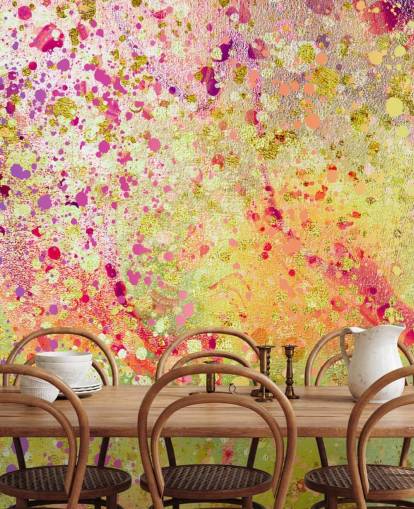 pink, purple and gold custom abstract splashed paint wallpaper mural called Burst of Joy by Lara Skinner for bedrooms