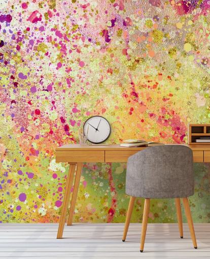 pink, purple and gold custom abstract splashed paint wallpaper mural called Burst of Joy by Lara Skinner for bedrooms