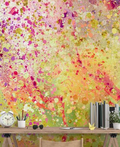mural de papel pintado abstracto personalizado de pintura salpicada rosa, morado y dorado llamado Burst of Joy de Lara Skinner para dormitorios mural de papel pintado abstracto personalizado de pintura salpicada rosa, morado y dorado llamado Burst of Joy de Lara Skinner para dormitorios