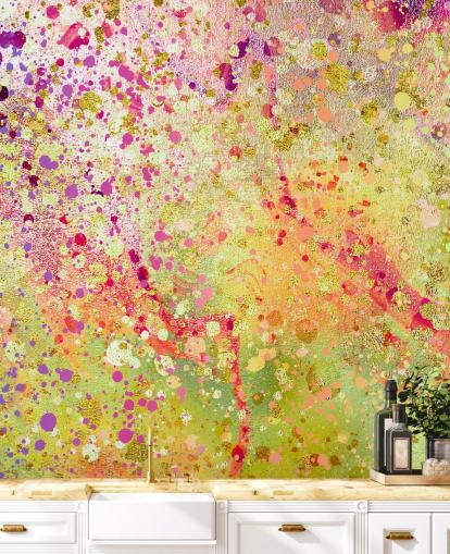 pink, purple and gold custom abstract splashed paint wallpaper mural called Burst of Joy by Lara Skinner for bedrooms