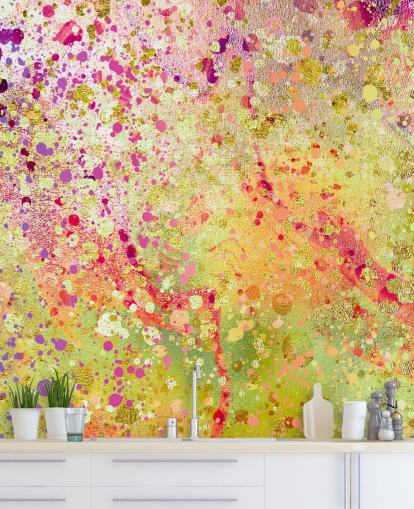 pink, purple and gold custom abstract splashed paint wallpaper mural called Burst of Joy by Lara Skinner for bedrooms