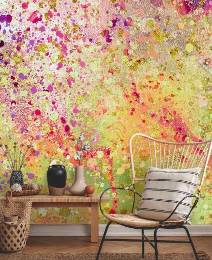 pink, purple and gold custom abstract splashed paint wallpaper mural called Burst of Joy by Lara Skinner for bedrooms