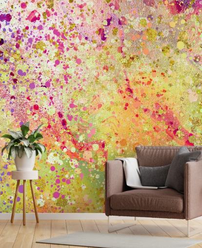 pink, purple and gold custom abstract splashed paint wallpaper mural called Burst of Joy by Lara Skinner for bedrooms