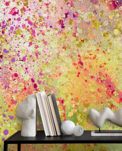 pink, purple and gold custom abstract splashed paint wallpaper mural called Burst of Joy by Lara Skinner for bedrooms