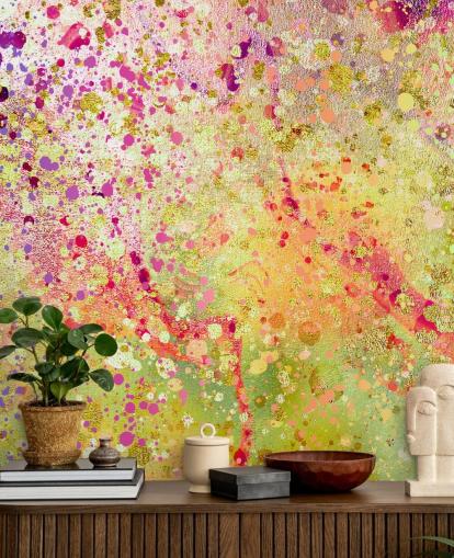 pink, purple and gold custom abstract splashed paint wallpaper mural called Burst of Joy by Lara Skinner for bedrooms
