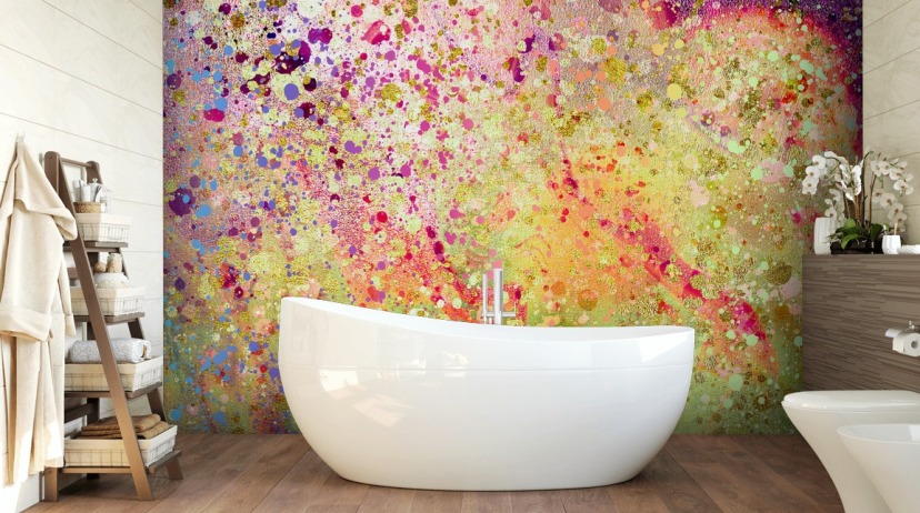 roze, paars en goud op maat gemaakte abstracte verf behangmuurschildering genaamd Burst of Joy van Lara Skinner voor slaapkamers roze, paars en goud op maat gemaakte abstracte verf behangmuurschildering genaamd Burst of Joy van Lara Skinner voor slaapkamers