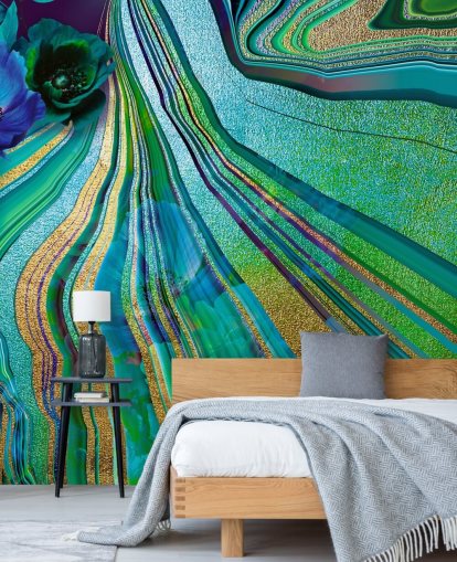 carta da parati con fiori verdi e blu e marmo carta da parati con fiori verdi e blu e marmo