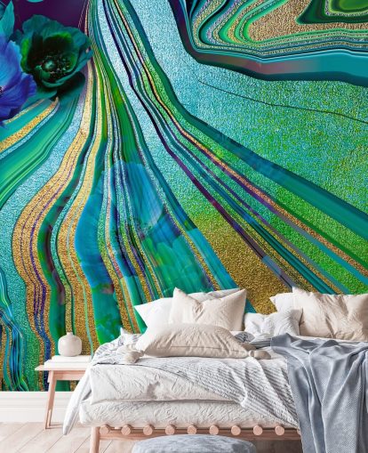 carta da parati con fiori verdi e blu e marmo