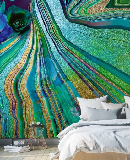 papel pintado de mármol y flores verdes y azules