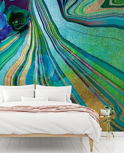 papel pintado de mármol y flores verdes y azules