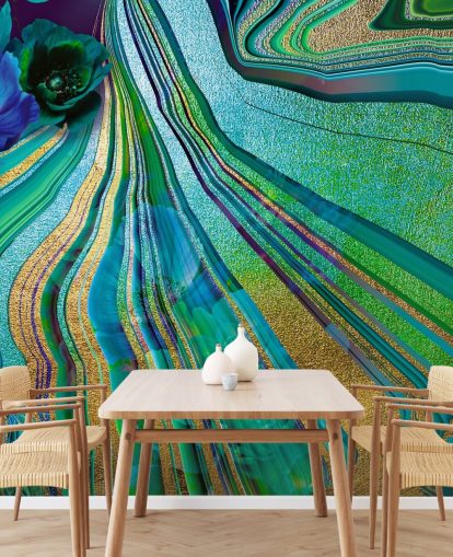 carta da parati con fiori verdi e blu e marmo