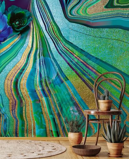 carta da parati con fiori verdi e blu e marmo