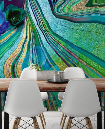 groene en blauwe bloemen en marmeren behang