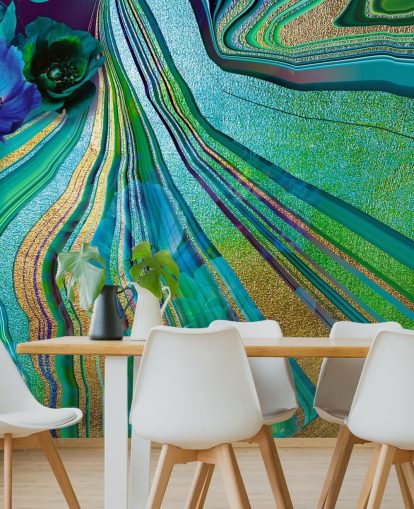 papel pintado de mármol y flores verdes y azules