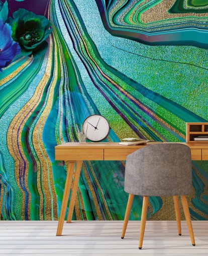 groene en blauwe bloemen en marmeren behang