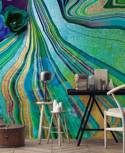 papel pintado de mármol y flores verdes y azules papel pintado de mármol y flores verdes y azules