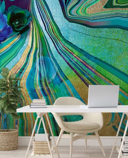 papel pintado de mármol y flores verdes y azules papel pintado de mármol y flores verdes y azules