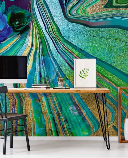 green and blue flowers and marble wallpaper