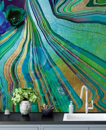 papel pintado de mármol y flores verdes y azules