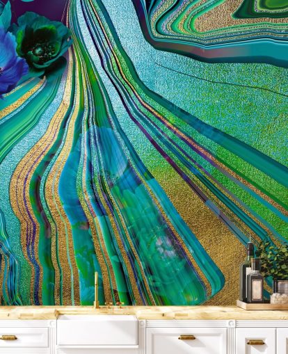 groene en blauwe bloemen en marmeren behang