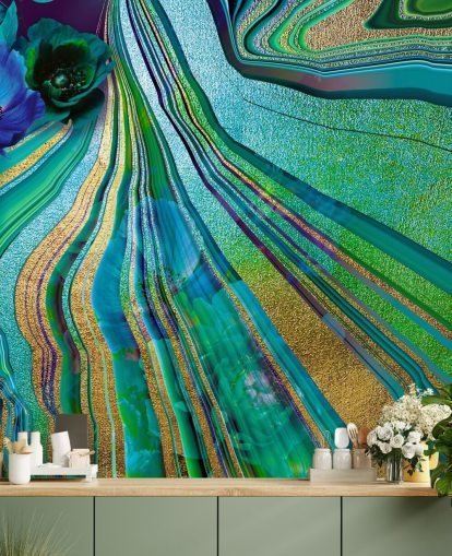 papel pintado de mármol y flores verdes y azules