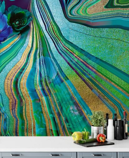 papel pintado de mármol y flores verdes y azules papel pintado de mármol y flores verdes y azules