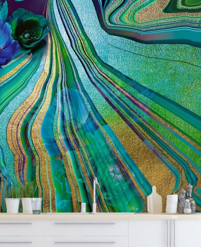 carta da parati con fiori verdi e blu e marmo