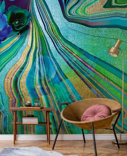 papel pintado de mármol y flores verdes y azules