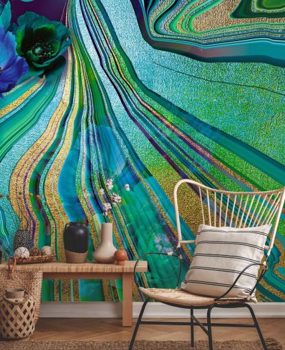 papel pintado de mármol y flores verdes y azules