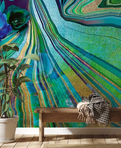 groene en blauwe bloemen en marmeren behang groene en blauwe bloemen en marmeren behang