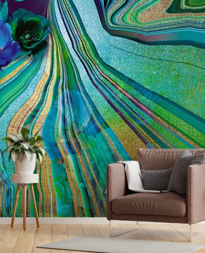 papel pintado de mármol y flores verdes y azules