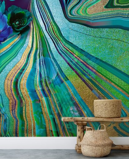 papel pintado de mármol y flores verdes y azules
