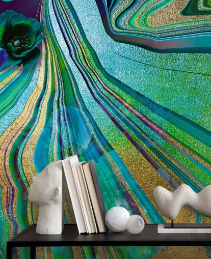 green and blue flowers and marble wallpaper