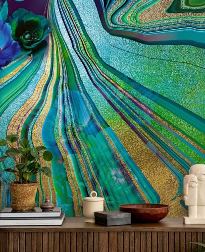 papel pintado de mármol y flores verdes y azules