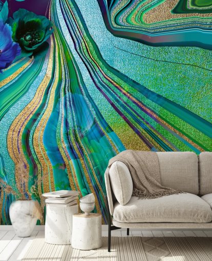 carta da parati con fiori verdi e blu e marmo